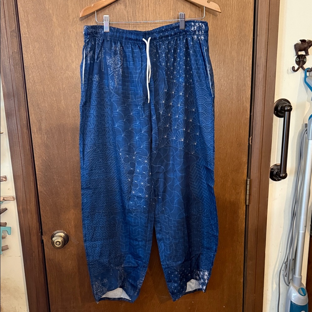 Women’s Blue Patterned Drawstring Parachute Wide … - image 1